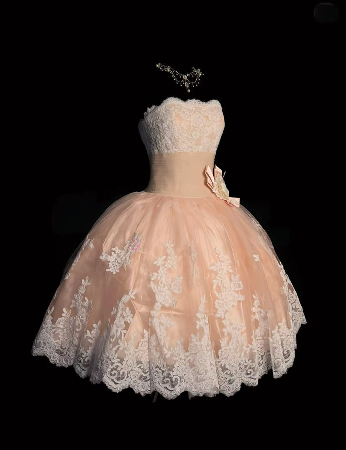 Pink Champagne Tulle lace Applique Short Prom Dress