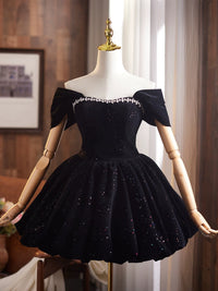 Off Shoulder A-Line Velvet Black Prom Dress, Black Homecoming Dress