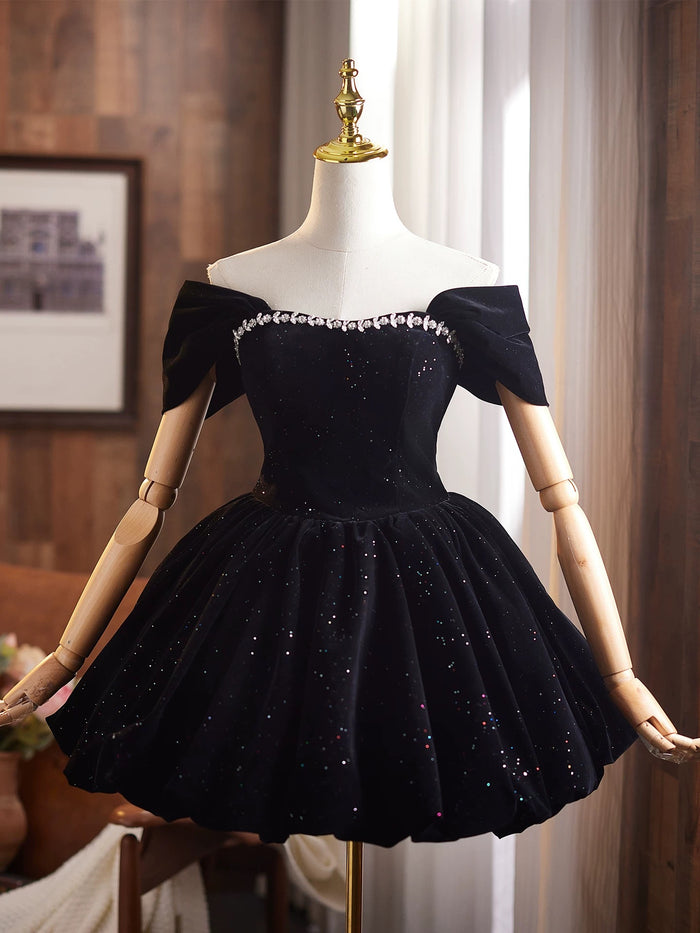 Off Shoulder A-Line Velvet Black Prom Dress, Black Homecoming Dress