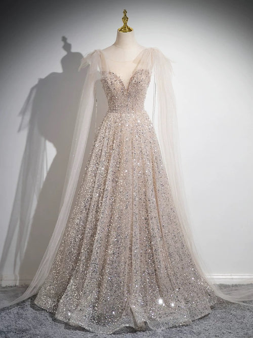 Two Piece Scoop Long Sleeves A Line Satin Champagne Prom Dresses LBQ2879 main image 0