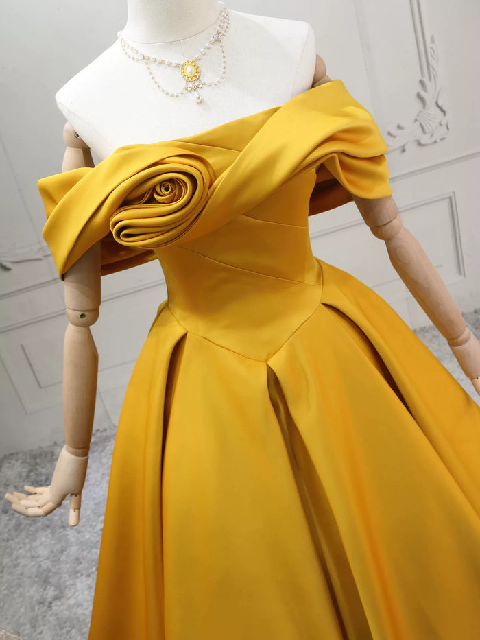 A-Line Off Shoulder Satin Yellow Long Prom Dress, Yellow Long Evening Dress