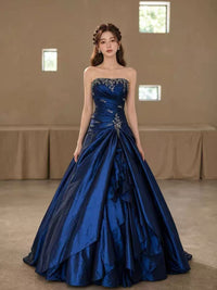 A-line Satin Blue Long Prom Dress, Blue Long Evening Dress with Lace Sequin