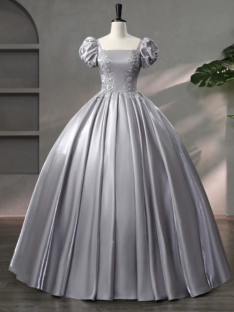 A-Line Puff Sleeves Satin Lace Gray Long Prom Dress