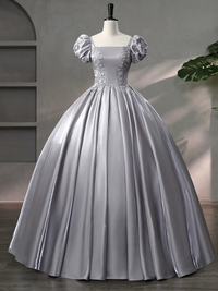 A-Line Puff Sleeves Satin Lace Gray Long Prom Dress