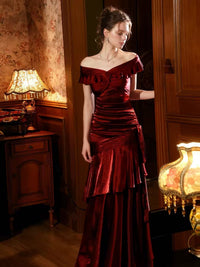 Mermaid Off Shoulder Silk Burgundy Long Prom Dress, Burgundy Formal Dress