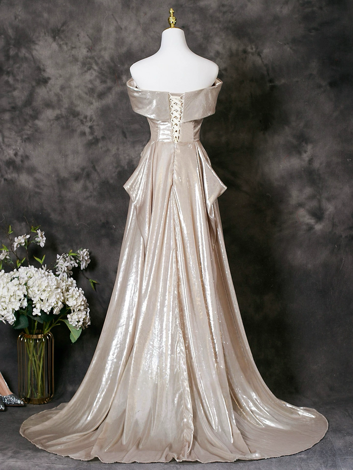 A-Line Off Shoulder Champagne Long Prom Dress, Champagne Long Formal Dress