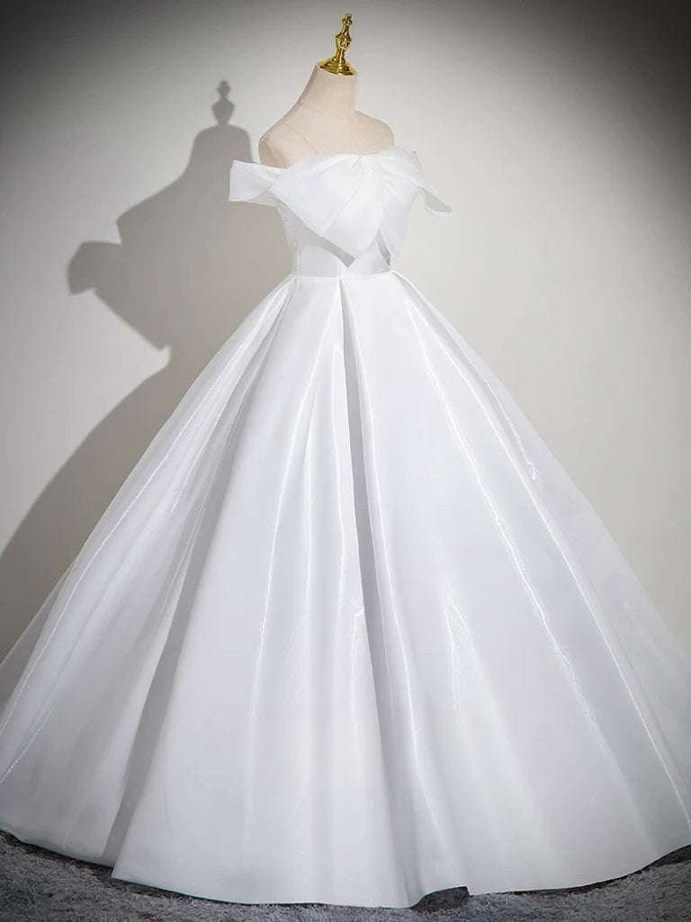 A-Line White Satin Long Prom Dress, White Long Formal Dress