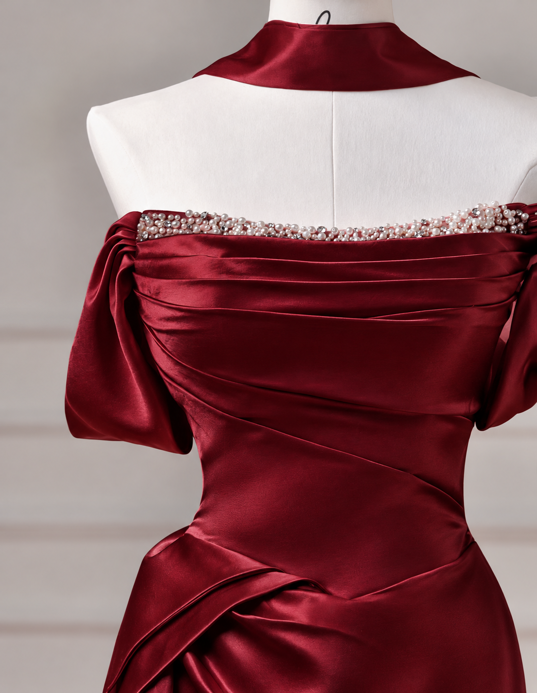 Mermaid Off Shoulder Satin Burgundy Long Prom Dress with Beads