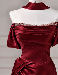 Mermaid Off Shoulder Satin Burgundy Long Prom Dress with Beads