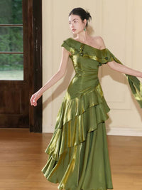 A-line One Shoulder Silk Green Long Prom Dress