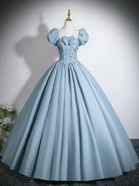 A-line Puff Sleeves Satin Floor Length Blue Long Prom Dress with Beads