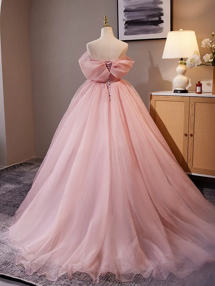 A-Line Off Shoulder Tulle Pink Long Prom Dress, Pink Long Formal Dress