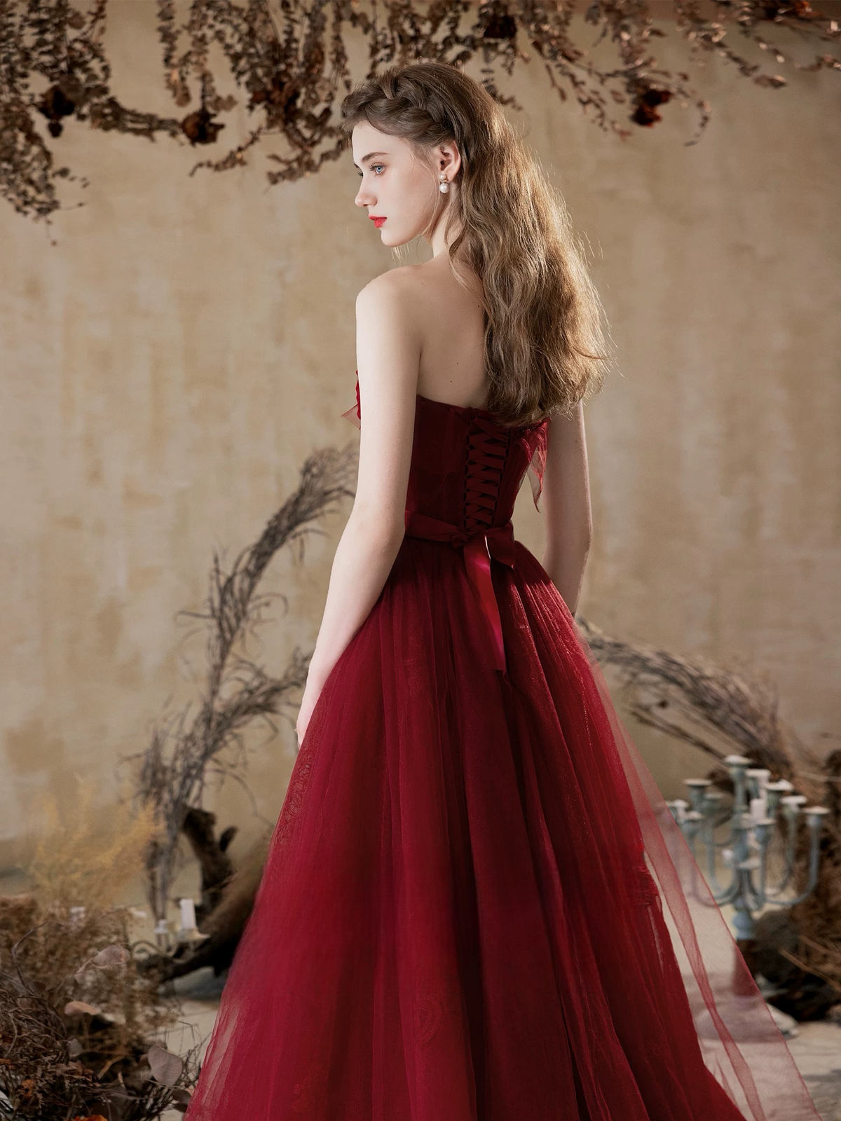 A-Line Tulle Lace Burgundy Long Prom Dress, Burgundy Long Graduation Dress