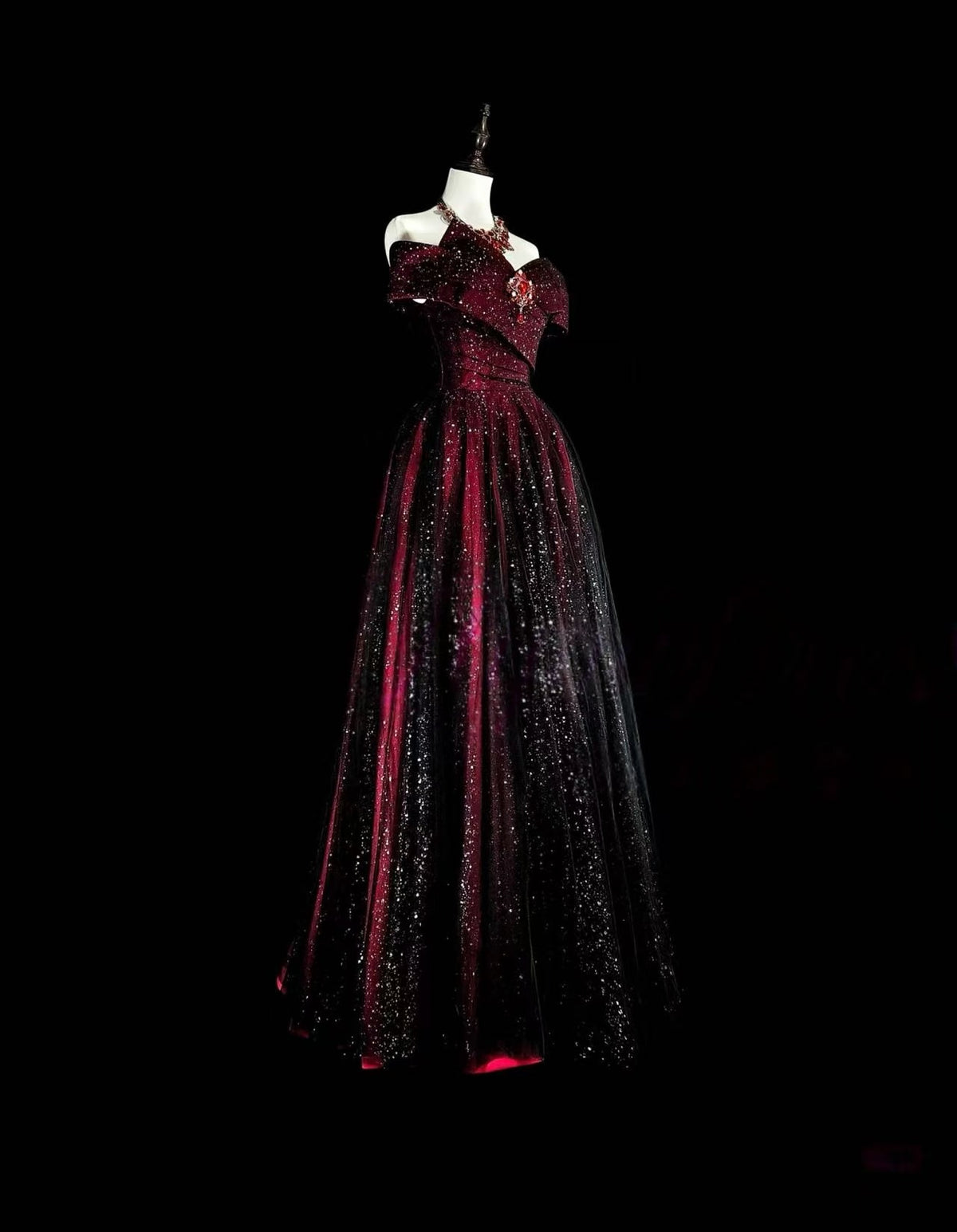 A-line Off Shoulder Tulle Sequin Burgundy/Black Long Prom Dress