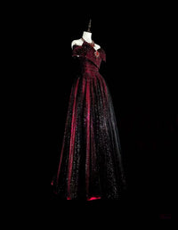 A-line Off Shoulder Tulle Sequin Burgundy/Black Long Prom Dress
