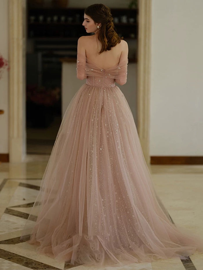 A-Line Off Shoulder Tulle Champagne Long Prom Dress, Champagne Long Formal Dress