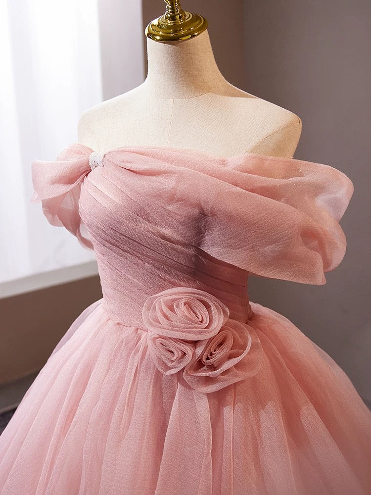 A-Line Off Shoulder Tulle Pink Long Prom Dress, Pink Long Formal Dress