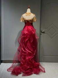 Sparkling Burgundy Sequin Mermaid Long Prom Dress with Sheer Gold Lace Shoulders