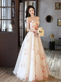 A-Line Tulle Champagne Long Prom Dress, Champagne Long Formal Dress