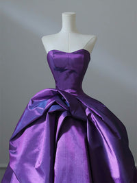 A-Line Sweetheart Neck Satin Purple Long Prom Dress, Purple Long Evening Gown