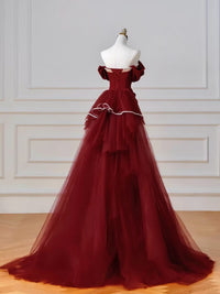 Mermaid Off Shoulder Tulle Satin Burgundy Long Prom Dress with Beads