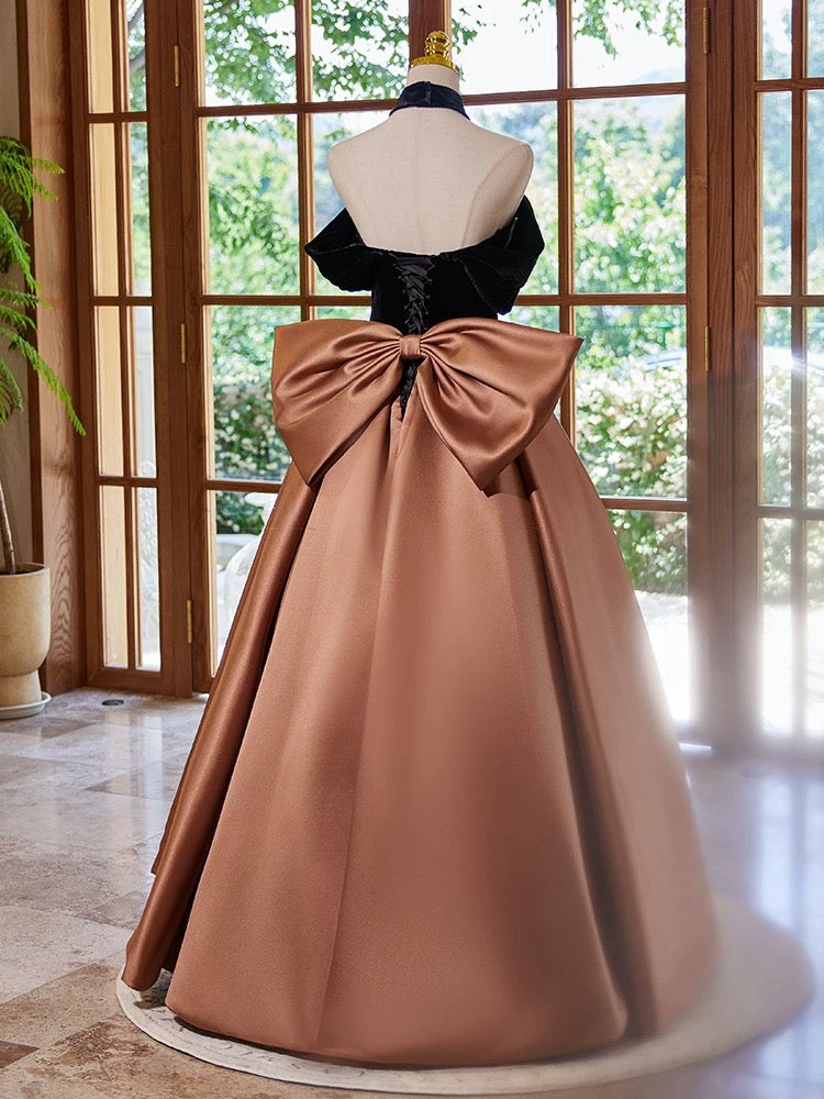 A-Line Off Shouder Satin Brown Long Prom Dress, Brown Long Formal Dress