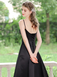 A-Line V Neck Satin Black Prom Dress, Black Formal Dress