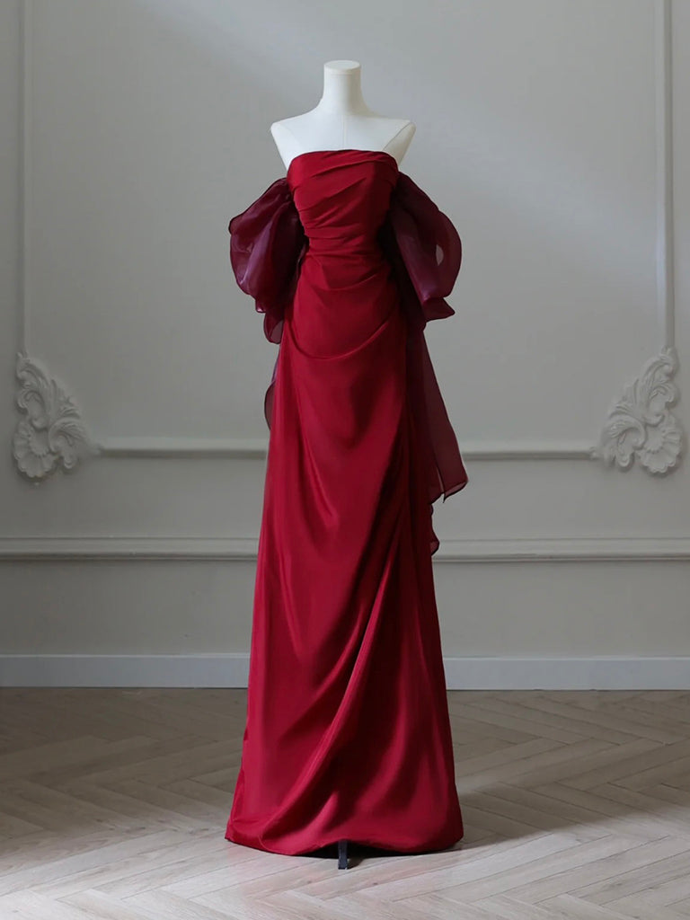 Simple Satin Burgundy Long Prom Dress, Burgundy Long Evening Dress