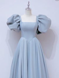 A-Line  Square Neckline Puff sleeves Long Blue Prom Dress, Blue Long Formal Dress