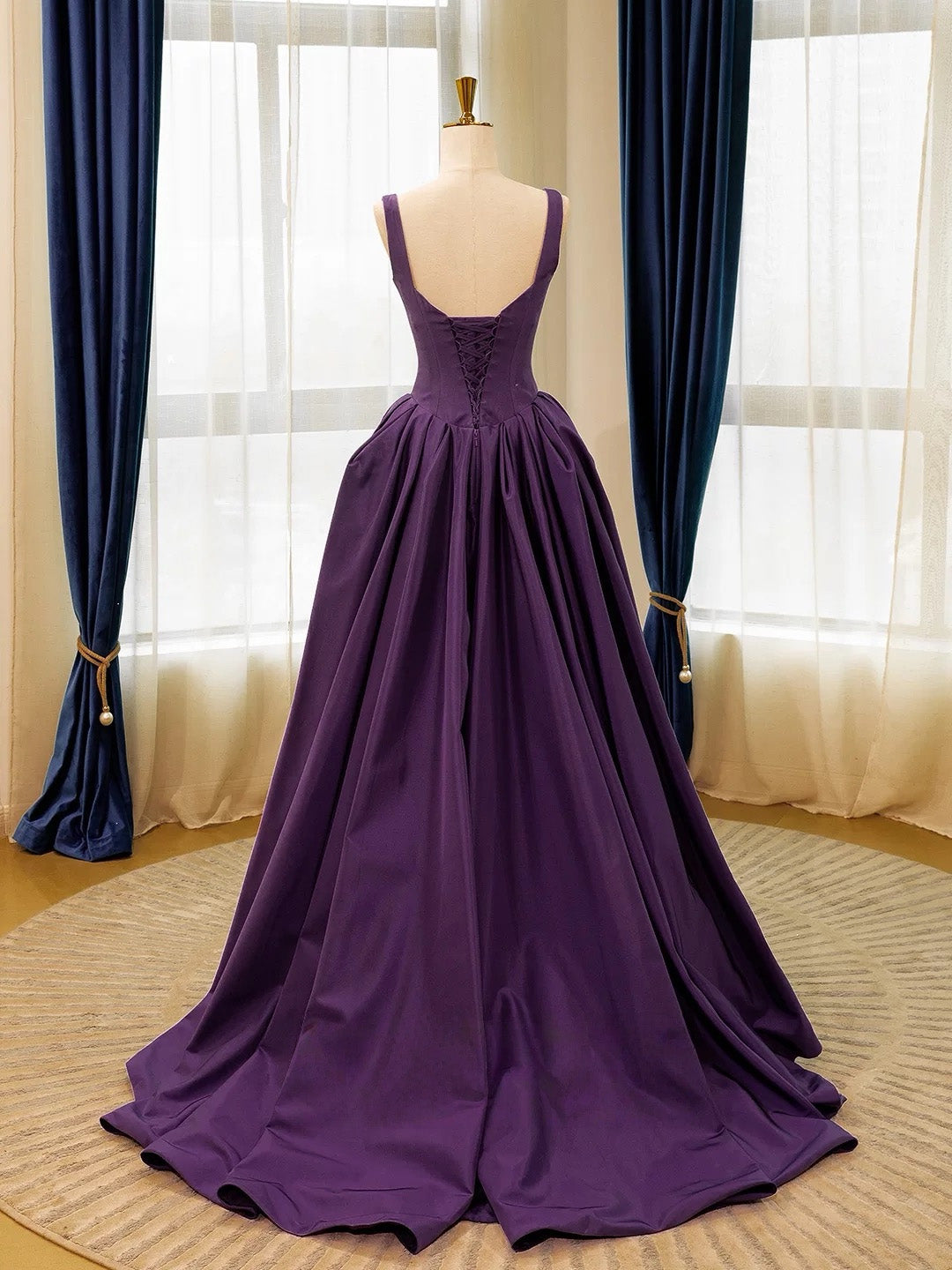 A-Line Sweetheart Neck Sweep Floor Satin Purple Long Prom Dress with Beads