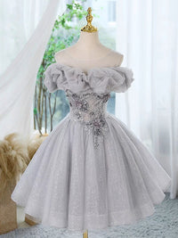 A-Line Off Shoulder Tulle Lace Sequin Gray Short Prom Dress with Beads