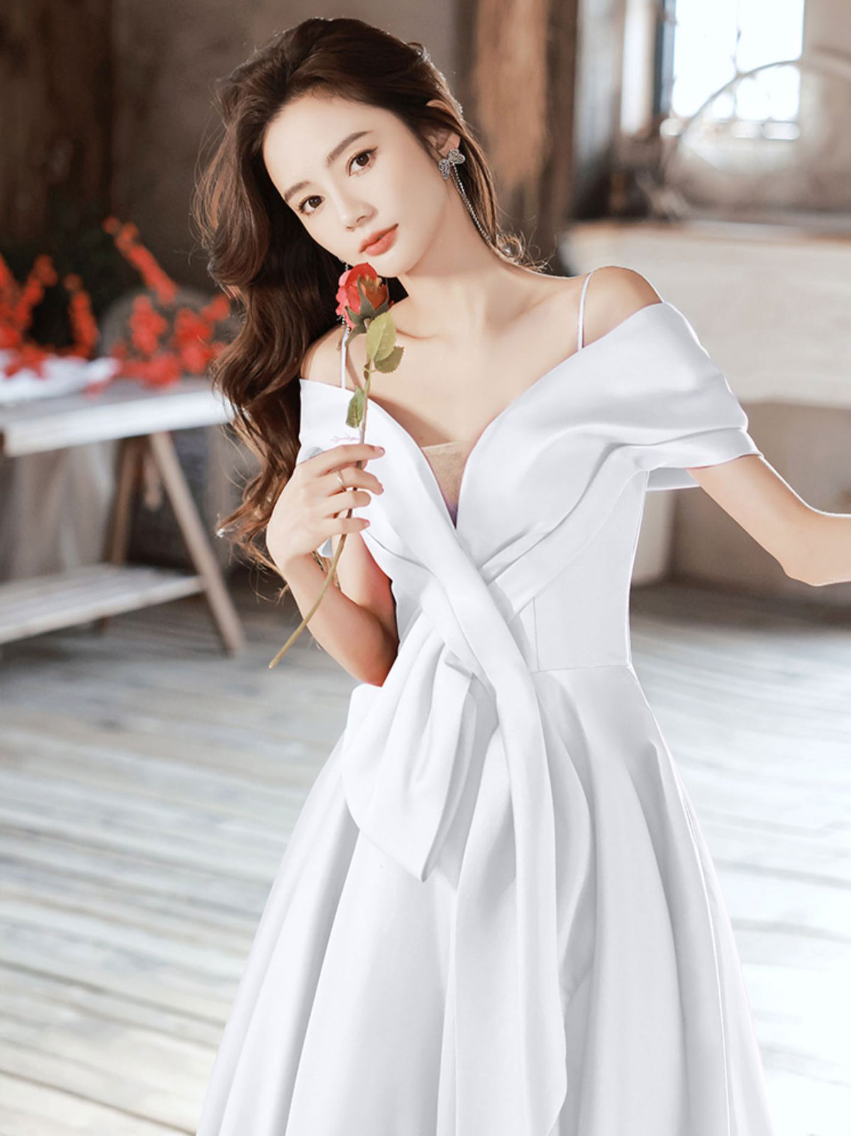 White A-Line Satin Long Prom Dress, White Formal Dress