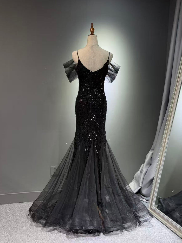 Mermaid Off Shoulder Tulle Sequin Lace Black Long Prom Dress