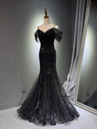 Mermaid Off Shoulder Tulle Sequin Lace Black Long Prom Dress