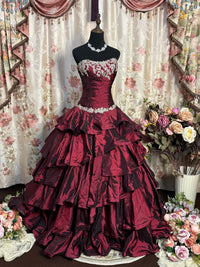 Ball Gown Sweetheart Taffeta Ruffles Burgundy Long Prom Gown with Lace Applique