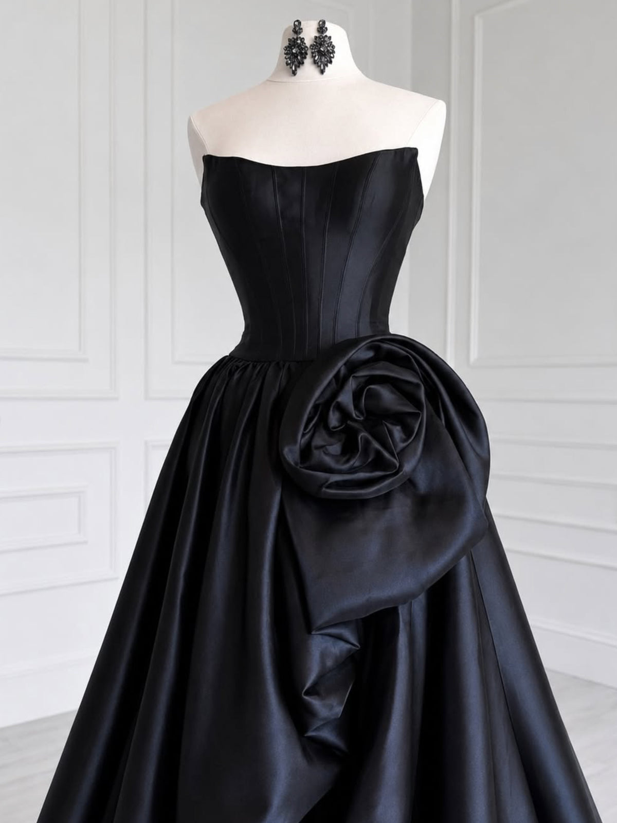 A-line Spoon Neck Satin Black Long Prom Dress