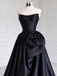 A-line Spoon Neck Satin Black Long Prom Dress