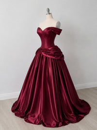 Unique A-line Off Shoulder Satin Burgundy Long Prom Dress