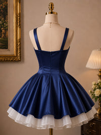 A-line Satin Tulle Dark Blue Short Prom Dress, Blue Homecoming Dress
