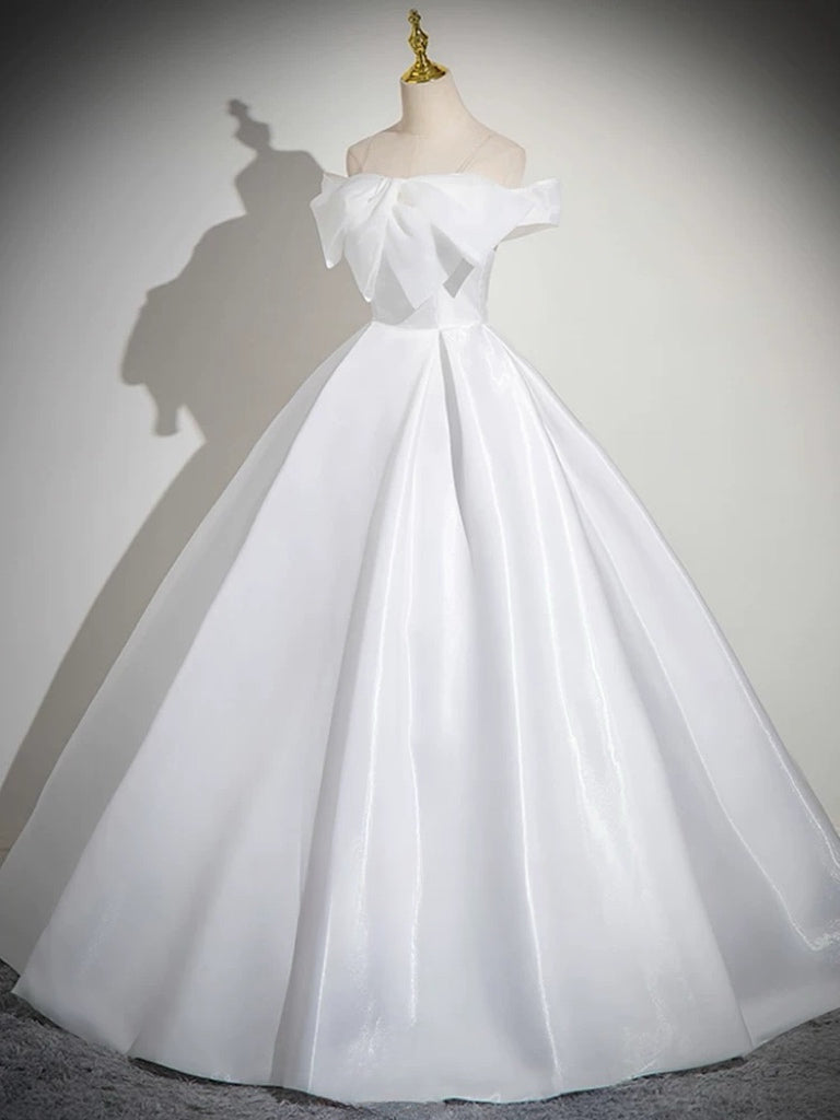 A-Line White Satin Long Prom Dress, White Long Formal Dress