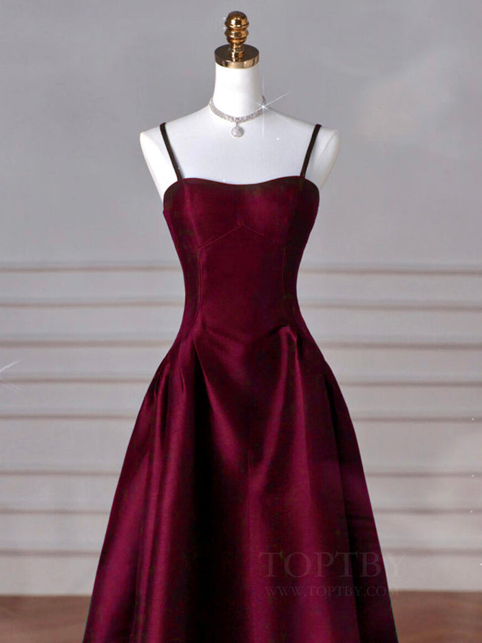 A-Line Sweetheart Neck Satin Burgundy Long Prom Dress, Burgundy Long Formal Dress