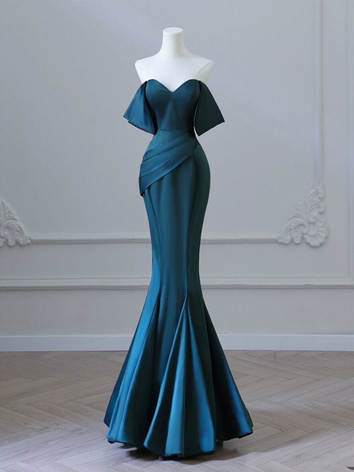 Simple Off Shoulder Satin Ink Blue Long Prom Dress, Ink Blue Long Formal Dress