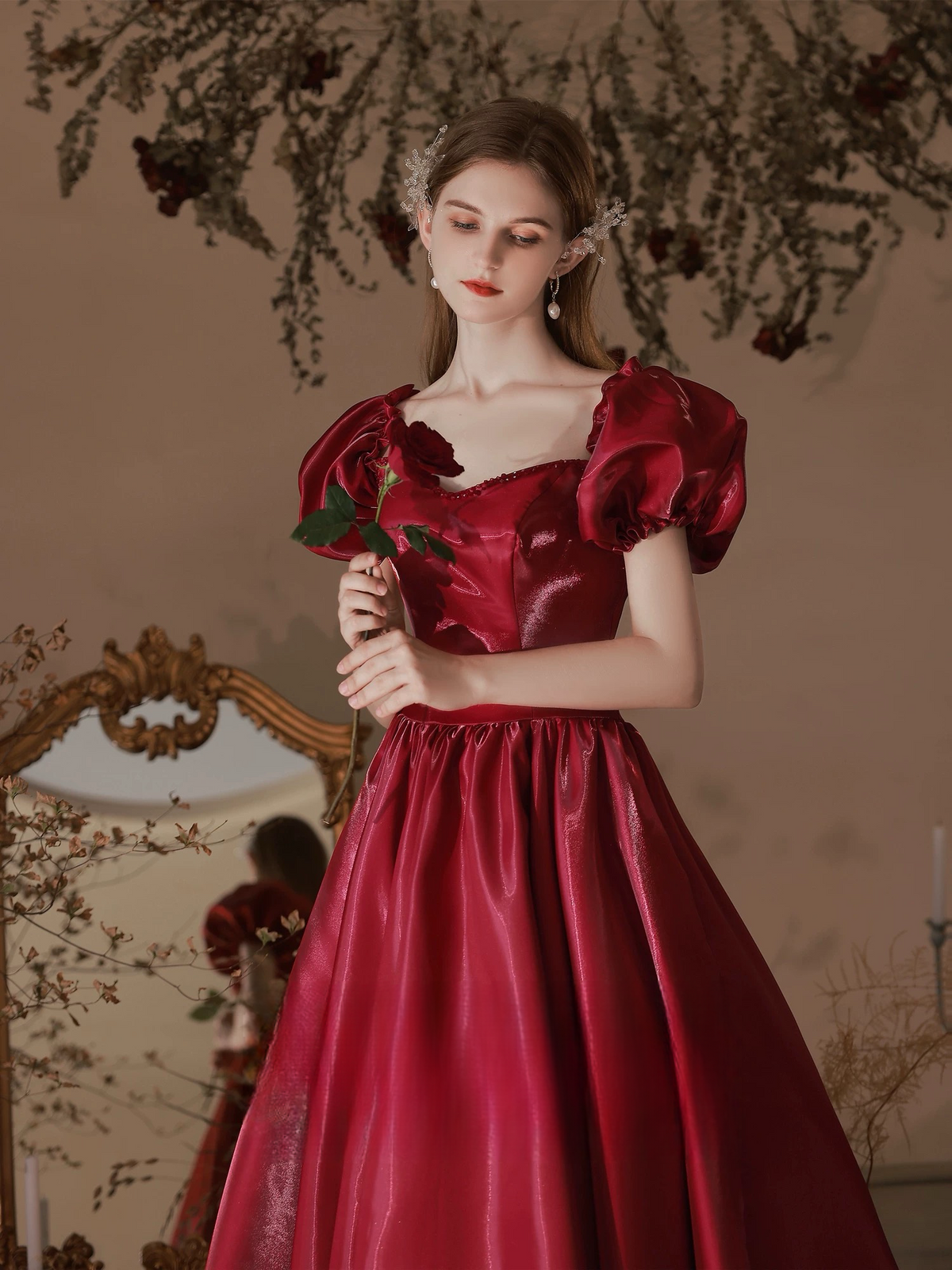 A-Line Puff Sleeves Satin Burgundy Long Prom Dress, Burgundy Graduation Dress