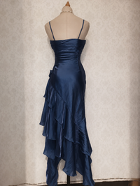 Elegant Silk Tea Length Silk Dark Blue Prom Dress, Dark Blue Party Dress
