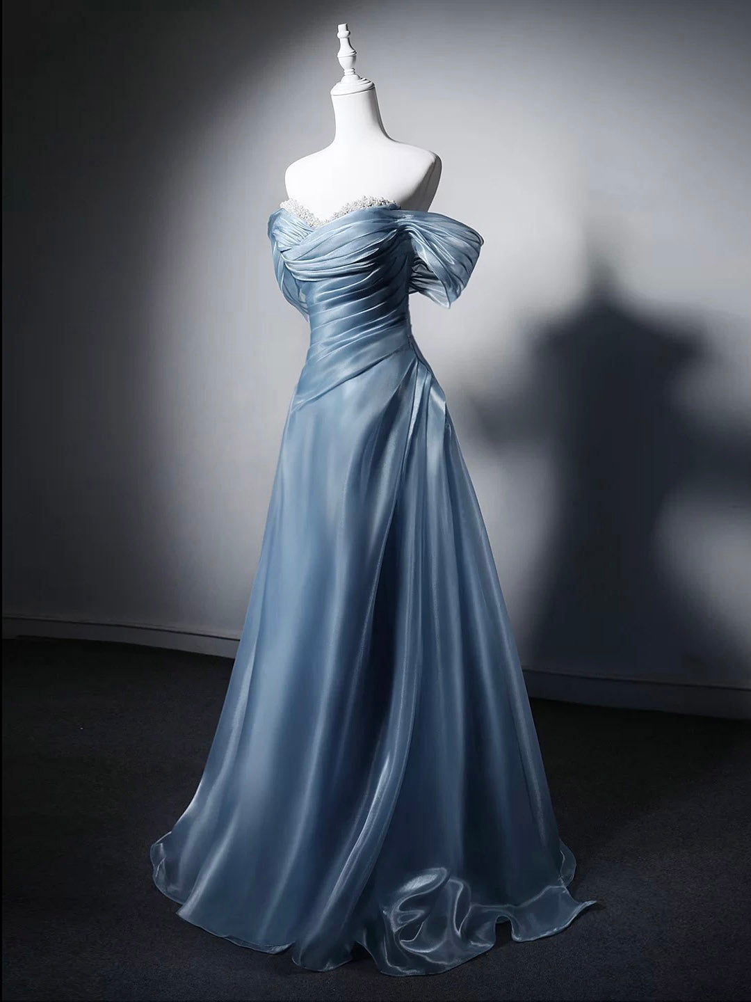 A-line Sweetheart Off Shoulder Blue Long Prom Dress with Beads