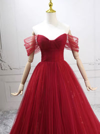 A-Line Sweetheart Neck Tulle Burgundy Long Prom Dress, Burgundy Long Evening Dress