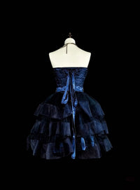 A-line Sweetheart Neck Tulle Dark Blue Short Prom Dress, Blue Homecoming Dress