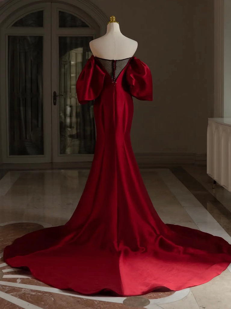 Burgundy Puff Sleeves Satin Burgundy Long Prom Dress, Burgundy Long Formal Dress