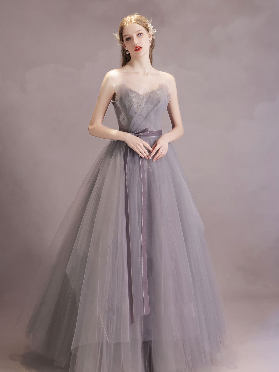 A-Line Tulle Lace Gray Purple Long Prom Dress, Gray Purple Formal Evening Dress