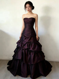 A-Line Sweetheart Neck Taffeta Ruffles Maroon Long Prom Dress